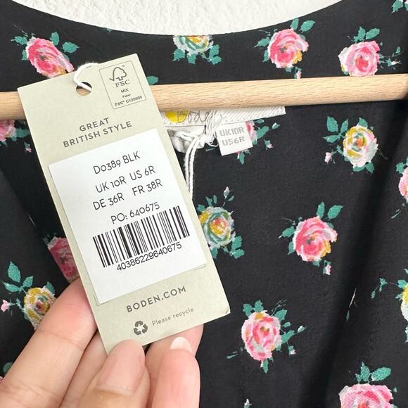 NWT BODEN Boden Gathered Yoke Midi Dress Size 6 Black Floral - Picture 7 of 8